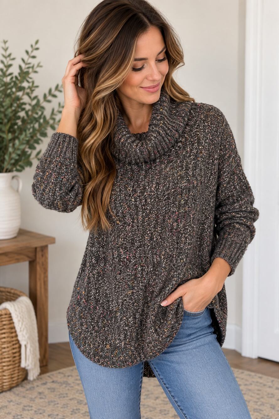 Express Cowl Neck Sweater Charcoal Speckled Knit Long Sleeve Petite S